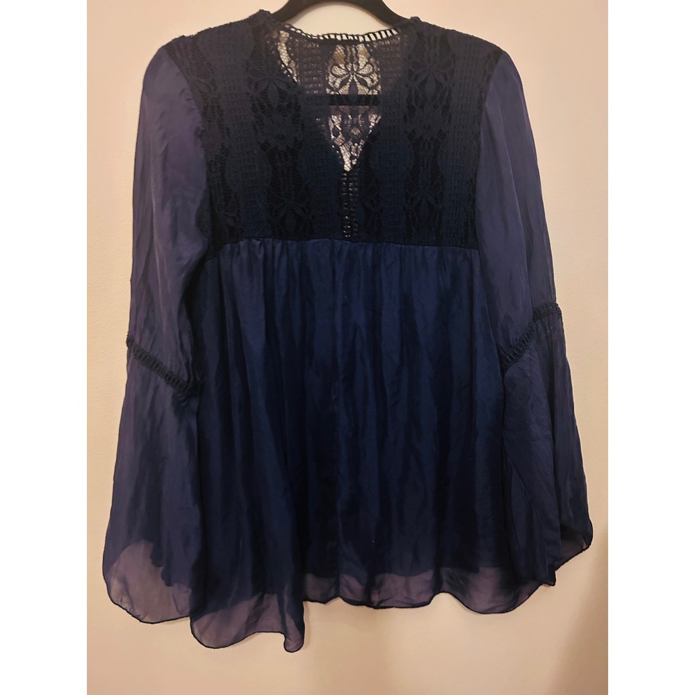 Bellambra Blouse Women Medium Navy Blue Excellent Silk Lace Boho Made in Italy - Picture 9 of 12